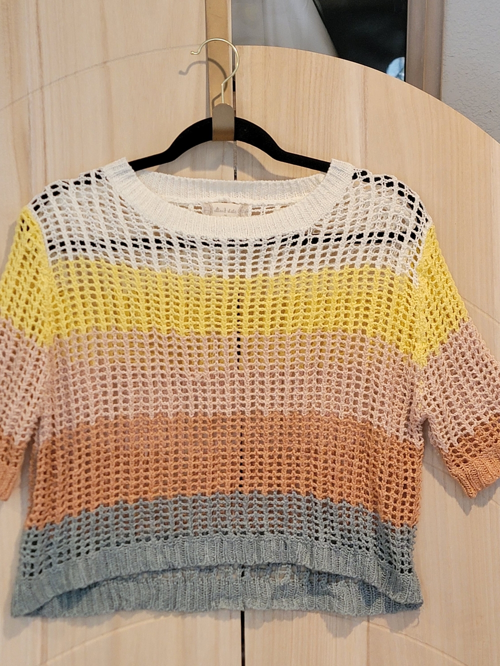 Altar'd State Striped Open-Knit Short Sleeve Top - Yellow, Pink, Tan & Blue